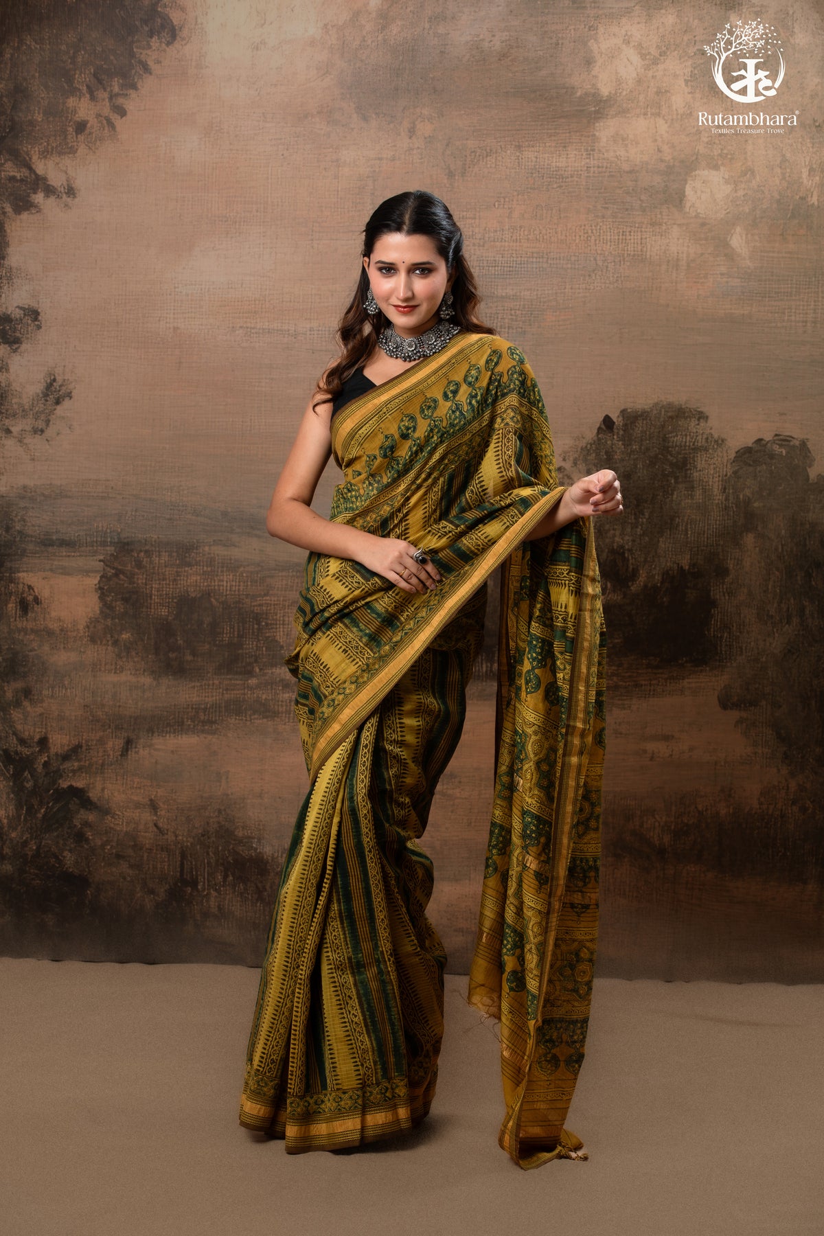 Ushraa - Mustard And Forest Green Ajrakh Hand Block Printed  Cotton Silk Saree with Gold Zari Border