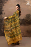 Ushraa - Mustard And Forest Green Ajrakh Hand Block Printed  Cotton Silk Saree with Gold Zari Border