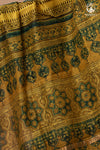 Ushraa - Mustard And Forest Green Ajrakh Hand Block Printed  Cotton Silk Saree with Gold Zari Border