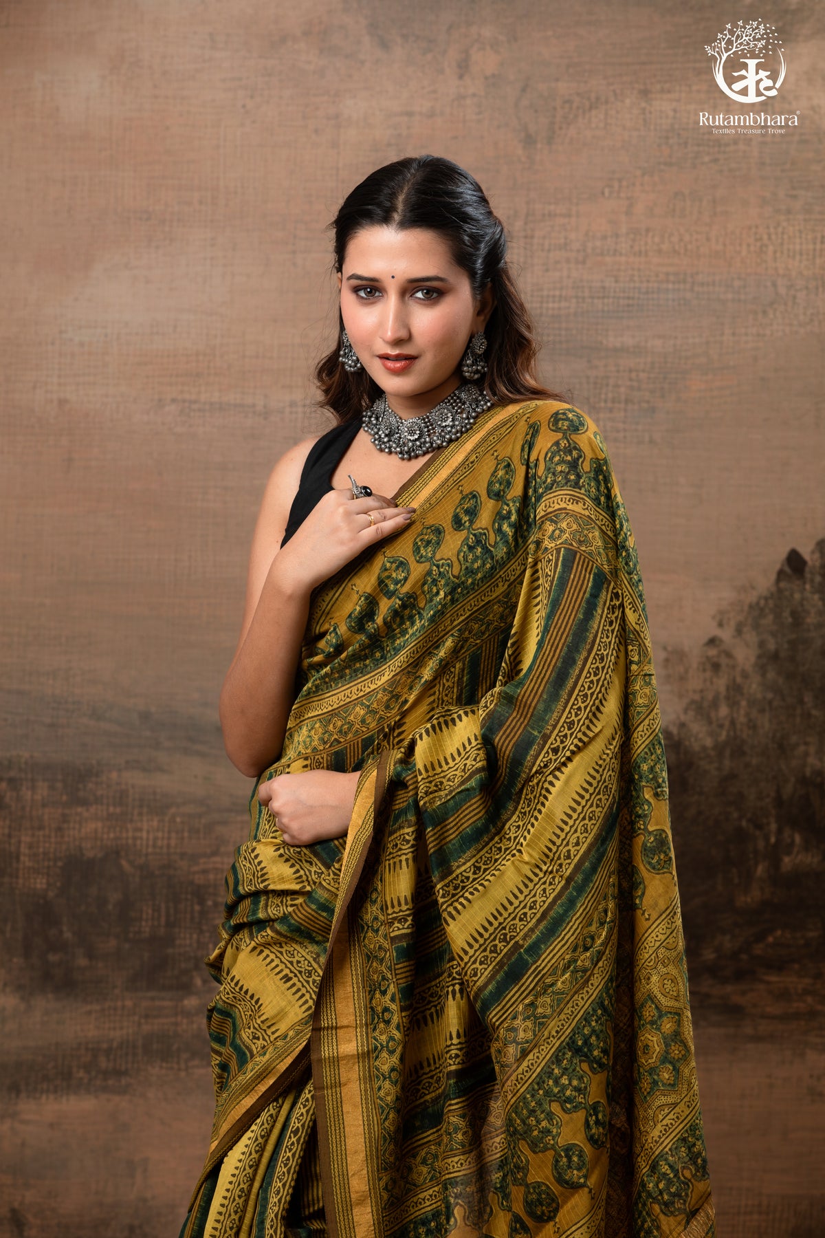 Ushraa - Mustard And Forest Green Ajrakh Hand Block Printed  Cotton Silk Saree with Gold Zari Border