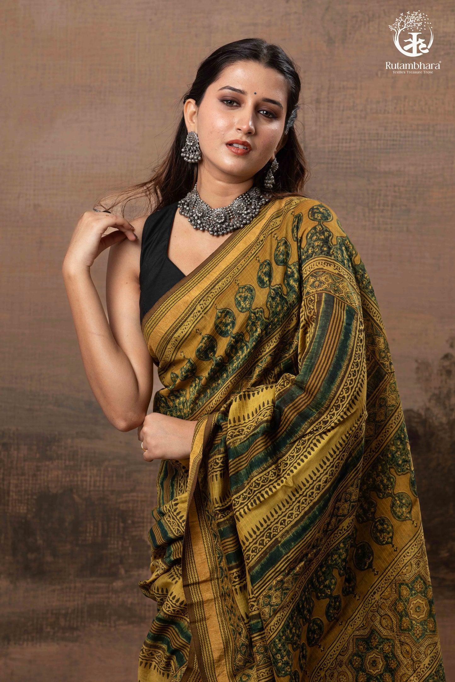 Ushraa - Mustard And Forest Green Ajrakh Hand Block Printed  Cotton Silk Saree with Gold Zari Border