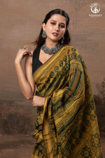 Ushraa - Mustard And Forest Green Ajrakh Hand Block Printed Cotton Silk Saree with Gold Zari Border-RUTAMBHARA-RUTAMBHARA