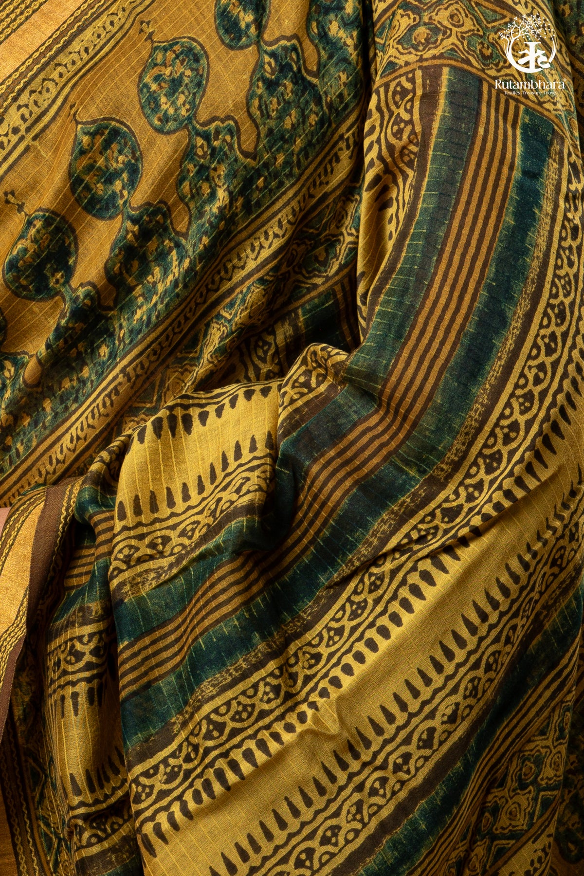 Ushraa - Mustard And Forest Green Ajrakh Hand Block Printed  Cotton Silk Saree with Gold Zari Border