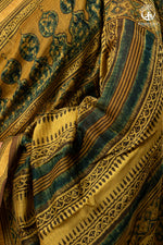 Ushraa - Mustard And Forest Green Ajrakh Hand Block Printed Cotton Silk Saree with Gold Zari Border-RUTAMBHARA-RUTAMBHARA