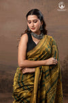 Ushraa - Mustard And Forest Green Ajrakh Hand Block Printed  Cotton Silk Saree with Gold Zari Border