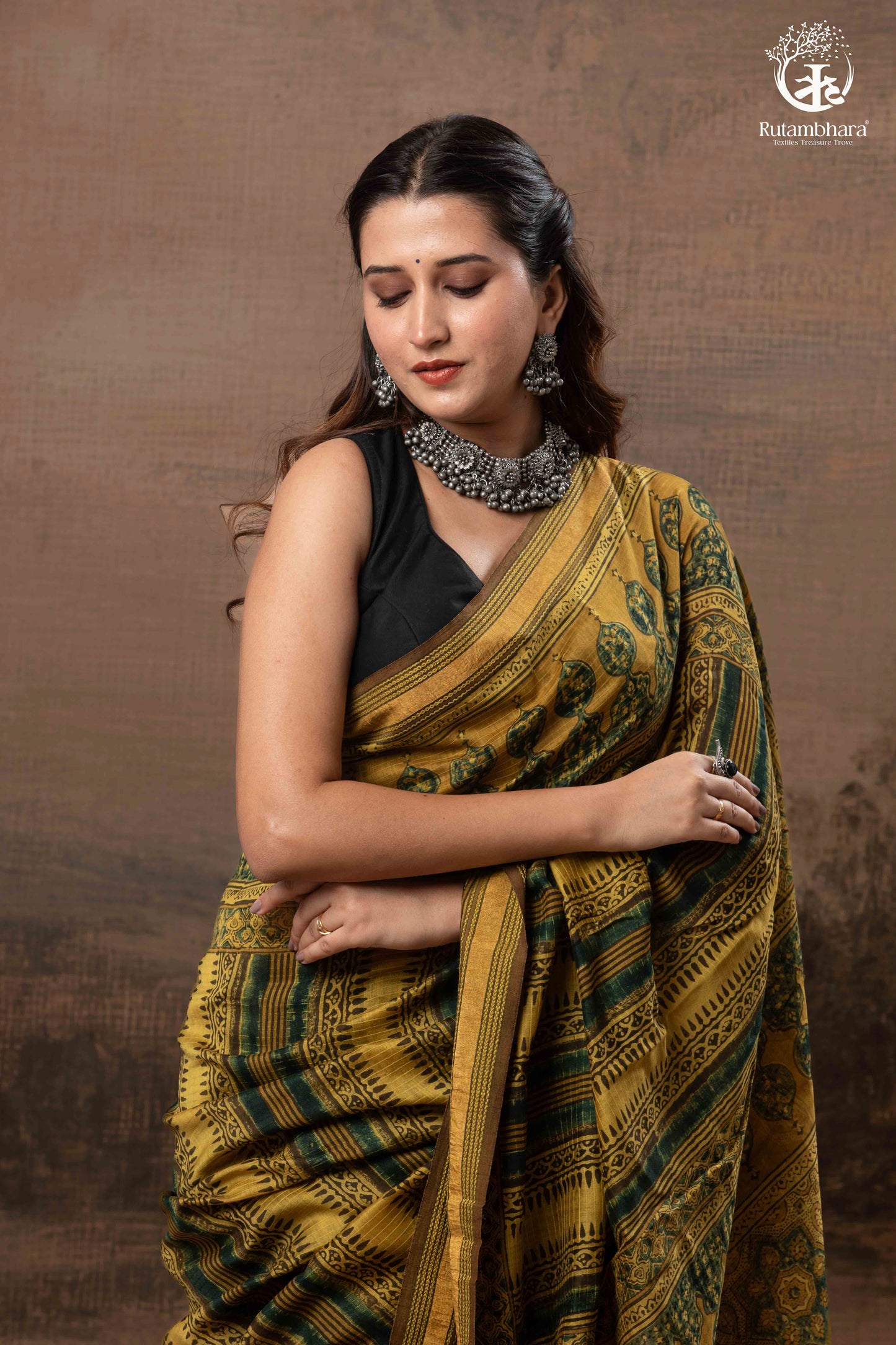 Ushraa - Mustard And Forest Green Ajrakh Hand Block Printed  Cotton Silk Saree with Gold Zari Border