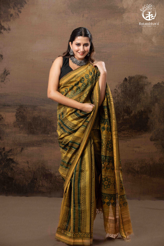 Ushraa - Mustard And Forest Green Ajrakh Hand Block Printed  Cotton Silk Saree with Gold Zari Border