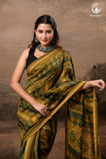 Ushraa - Mustard And Forest Green Ajrakh Hand Block Printed Cotton Silk Saree with Gold Zari Border-RUTAMBHARA-RUTAMBHARA