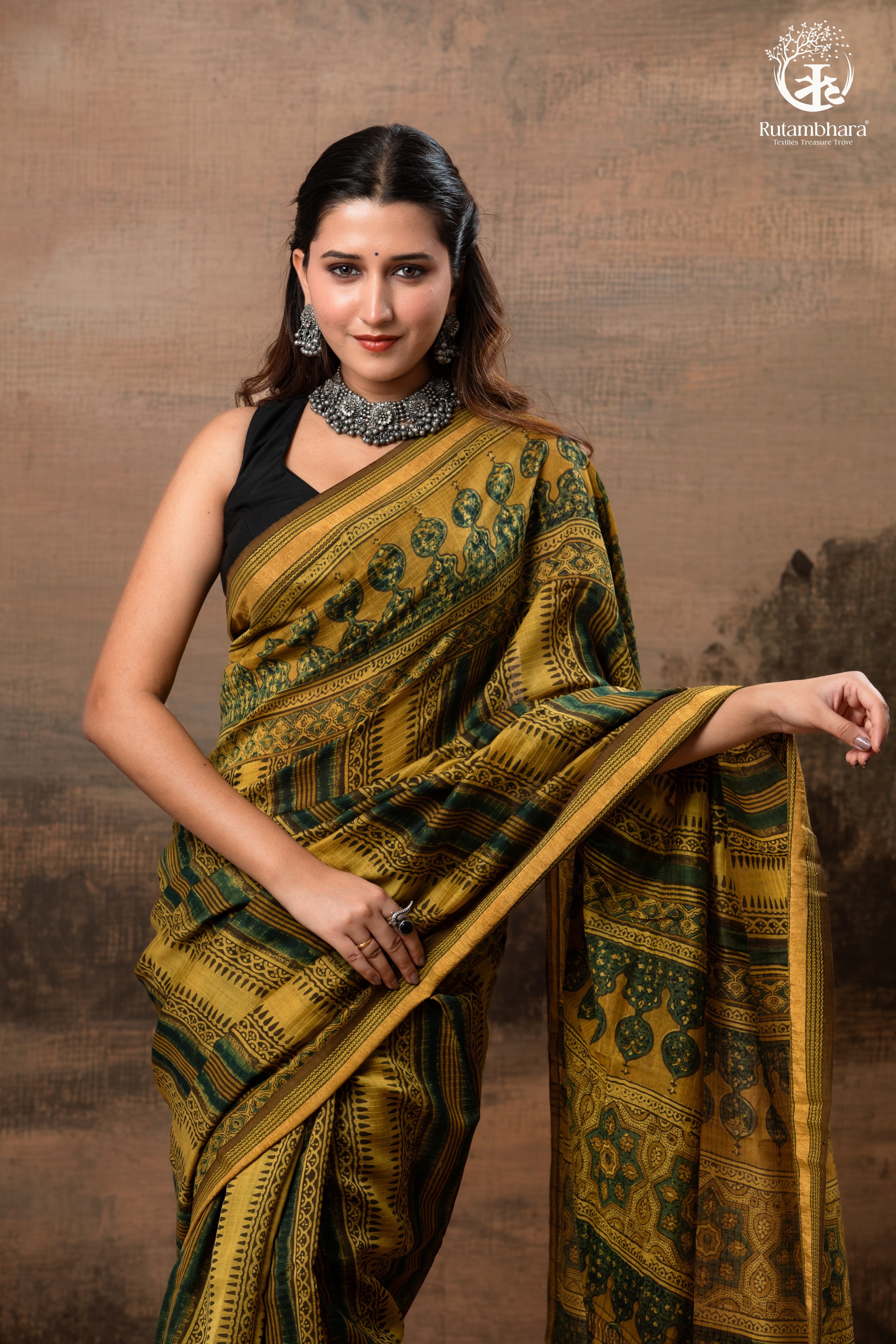 Ushraa - Mustard And Forest Green Ajrakh Hand Block Printed  Cotton Silk Saree with Gold Zari Border