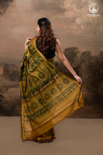 Ushraa - Mustard And Forest Green Ajrakh Hand Block Printed Cotton Silk Saree with Gold Zari Border-RUTAMBHARA-RUTAMBHARA