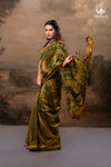 Ushraa - Mustard And Forest Green Ajrakh Hand Block Printed  Cotton Silk Saree with Gold Zari Border