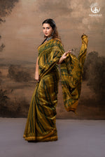 Ushraa - Mustard And Forest Green Ajrakh Hand Block Printed Cotton Silk Saree with Gold Zari Border-RUTAMBHARA-RUTAMBHARA