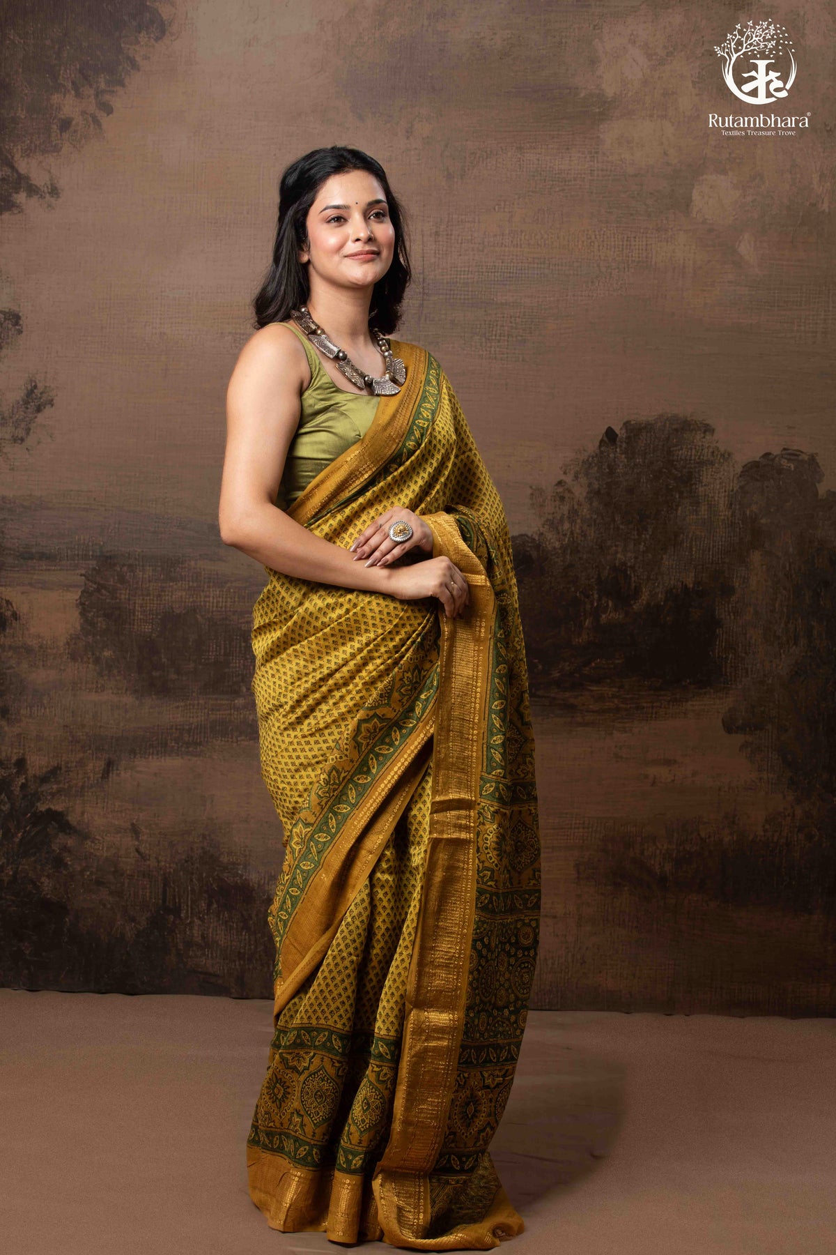 Ushraa - Ajrakh Hand Block Printed Yellow and Green Cotton Silk Saree with Gold Zari Border
