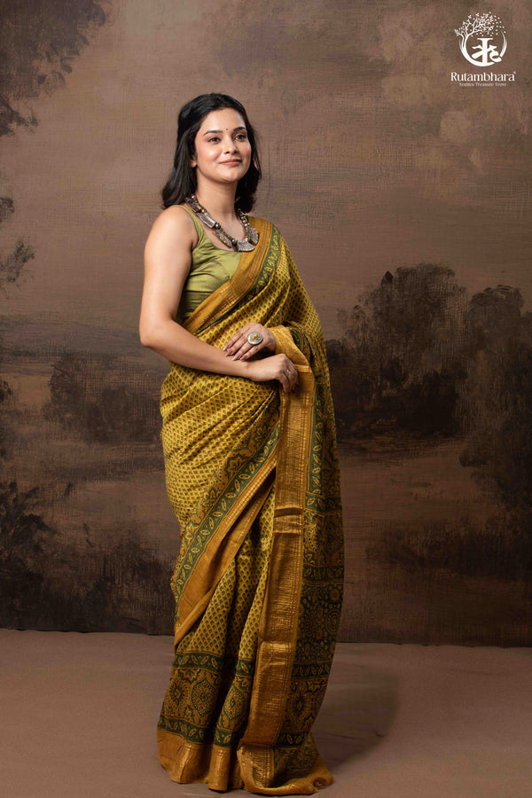 Ushraa - Ajrakh Hand Block Printed Yellow and Green Cotton Silk Saree with Gold Zari Border-RUTAMBHARA-RUTAMBHARA
