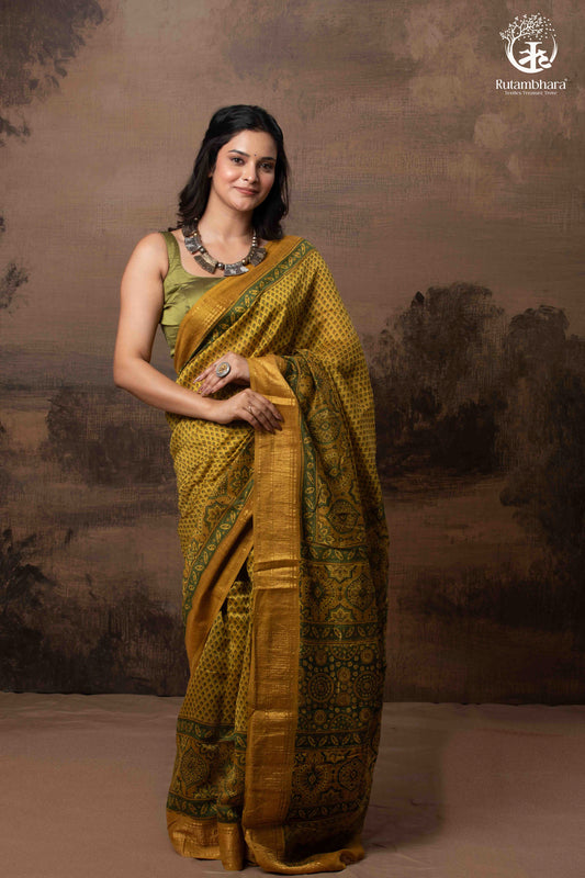 Ushraa - Ajrakh Hand Block Printed Yellow and Green Cotton Silk Saree with Gold Zari Border