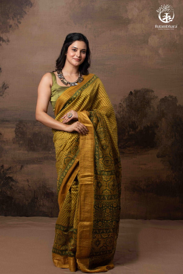 Ushraa - Ajrakh Hand Block Printed Yellow and Green Cotton Silk Saree with Gold Zari Border-RUTAMBHARA-RUTAMBHARA