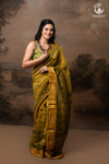 Ushraa - Ajrakh Hand Block Printed Yellow and Green Cotton Silk Saree with Gold Zari Border
