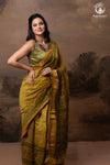 Ushraa - Ajrakh Hand Block Printed Yellow and Green Cotton Silk Saree with Gold Zari Border