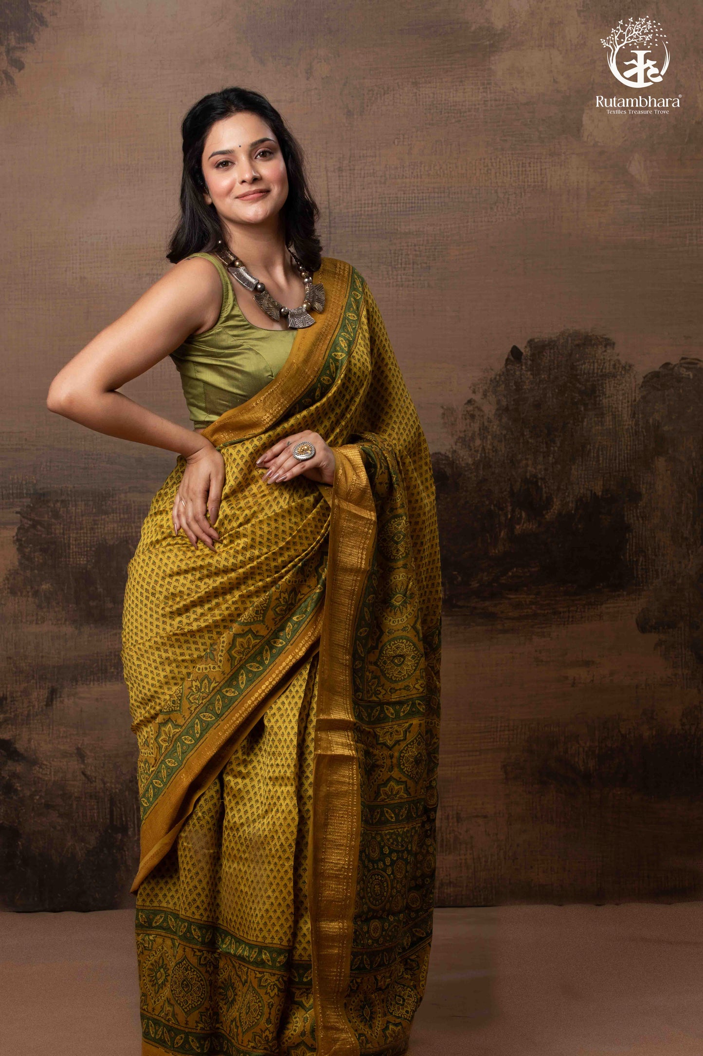 Ushraa - Ajrakh Hand Block Printed Yellow and Green Cotton Silk Saree with Gold Zari Border