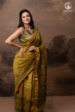 Ushraa - Ajrakh Hand Block Printed Yellow and Green Cotton Silk Saree with Gold Zari Border-RUTAMBHARA-RUTAMBHARA