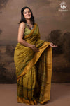 Ushraa - Ajrakh Hand Block Printed Yellow and Green Cotton Silk Saree with Gold Zari Border