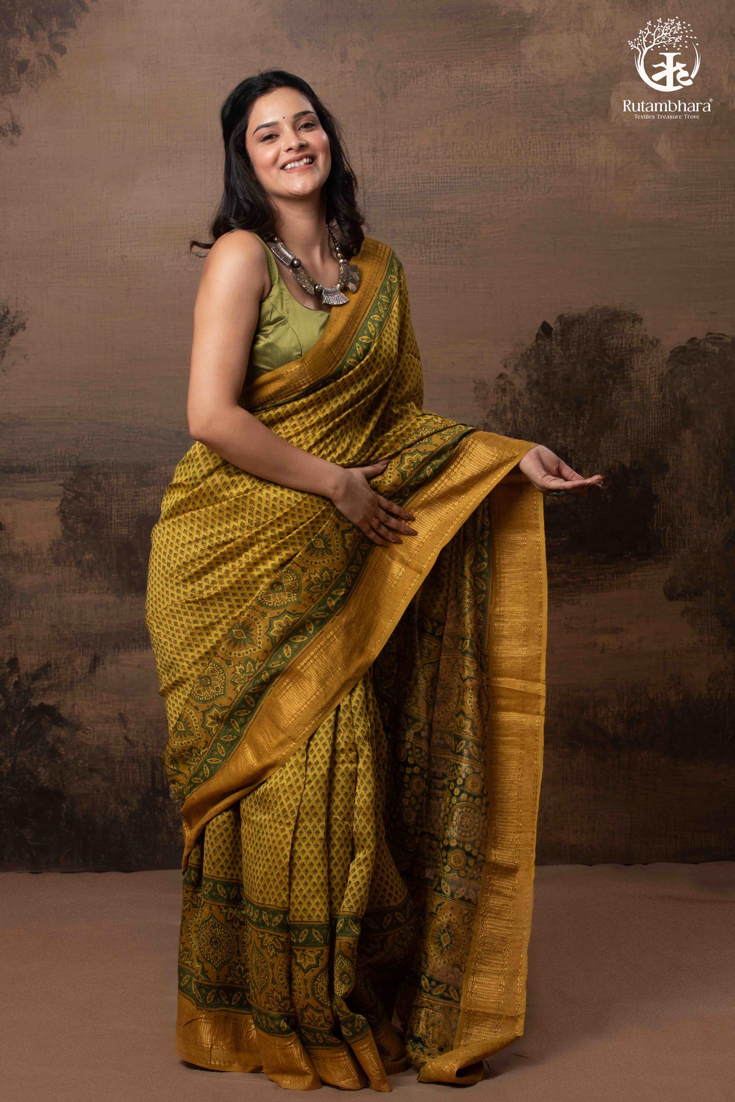 Ushraa - Ajrakh Hand Block Printed Yellow and Green Cotton Silk Saree with Gold Zari Border