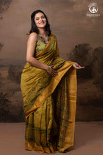 Ushraa - Ajrakh Hand Block Printed Yellow and Green Cotton Silk Saree with Gold Zari Border-RUTAMBHARA-RUTAMBHARA