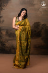 Ushraa - Ajrakh Hand Block Printed Yellow and Green Cotton Silk Saree with Gold Zari Border