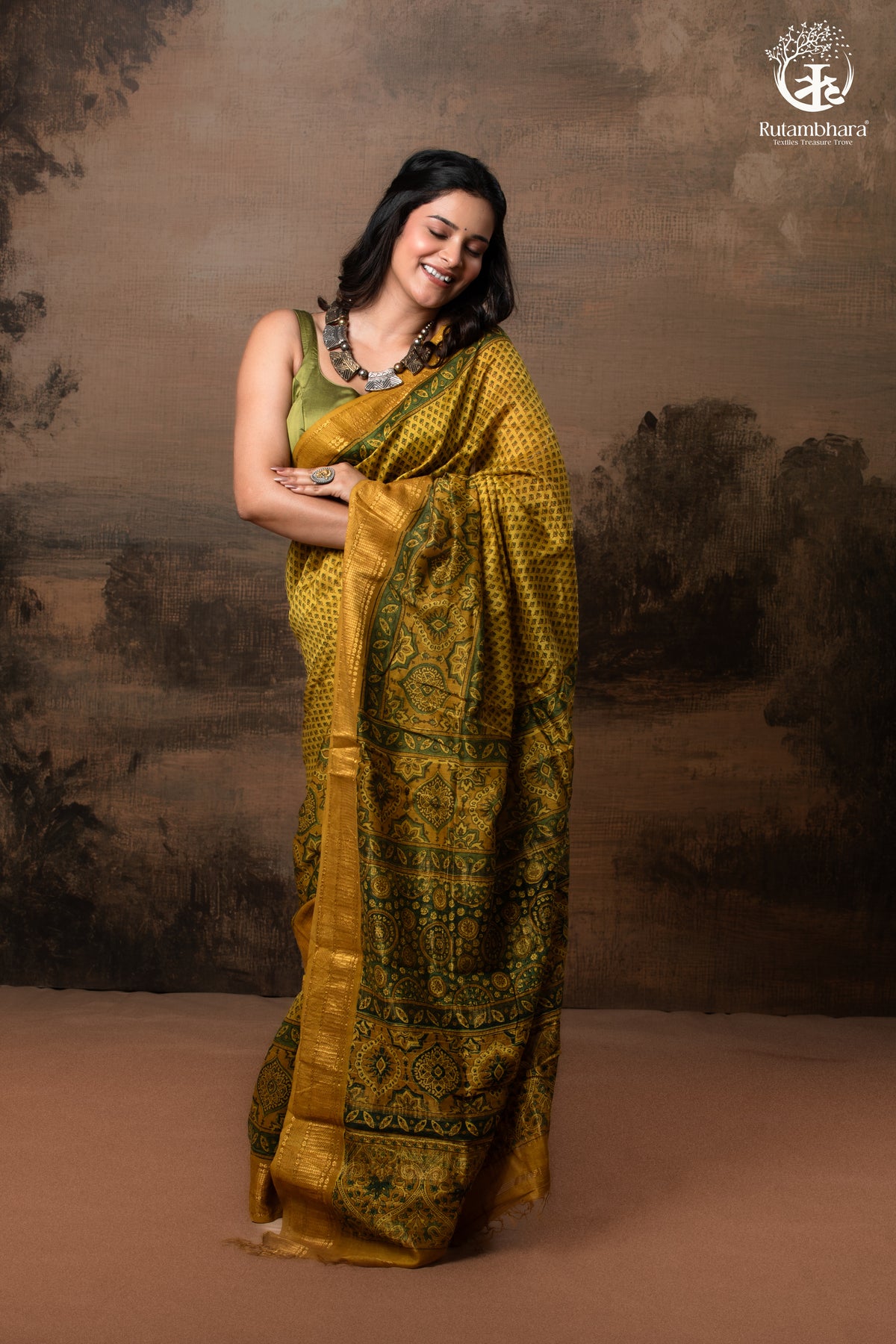 Ushraa - Ajrakh Hand Block Printed Yellow and Green Cotton Silk Saree with Gold Zari Border