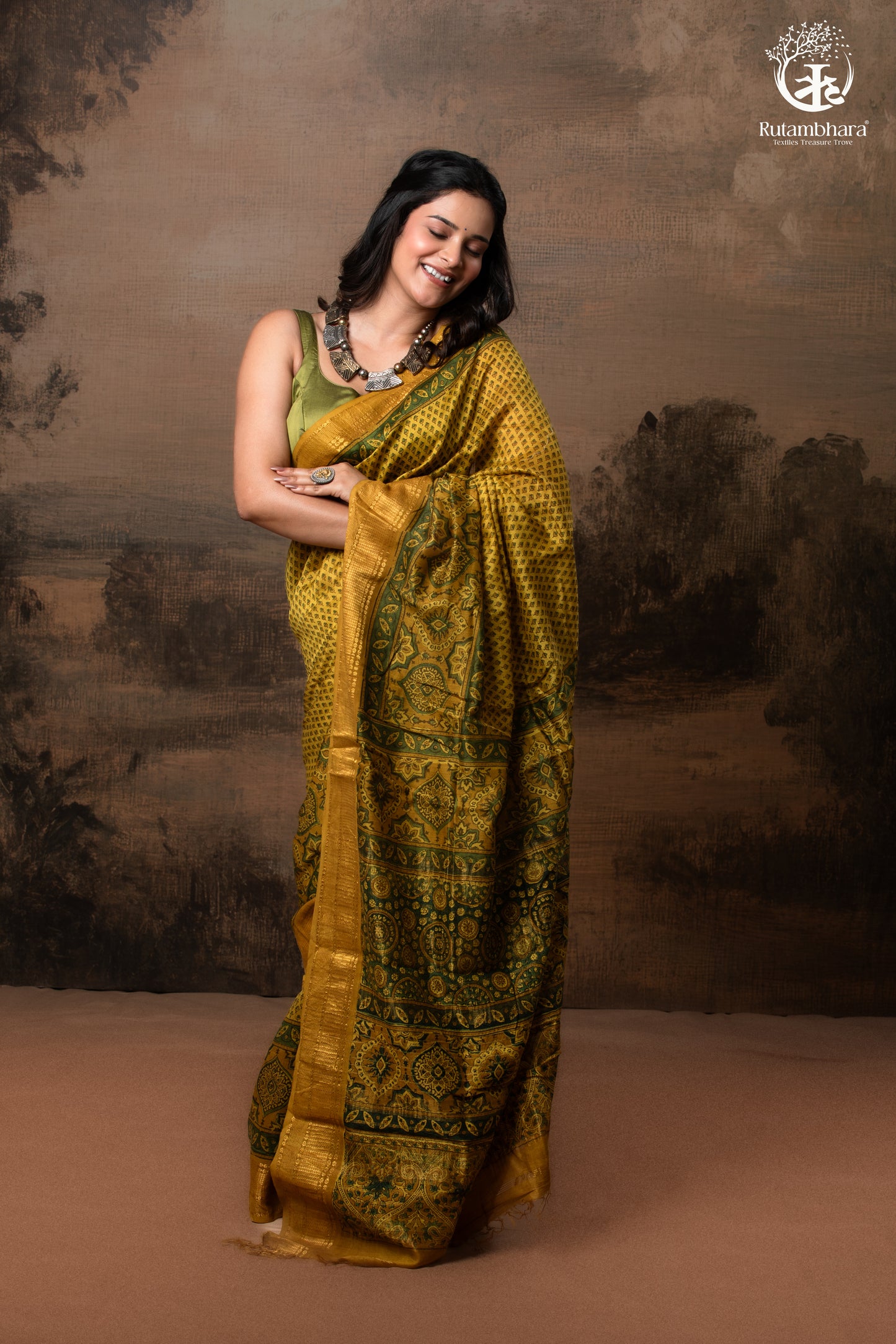 Ushraa - Ajrakh Hand Block Printed Yellow and Green Cotton Silk Saree with Gold Zari Border