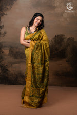 Ushraa - Ajrakh Hand Block Printed Yellow and Green Cotton Silk Saree with Gold Zari Border-RUTAMBHARA-RUTAMBHARA