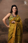 Ushraa - Ajrakh Hand Block Printed Yellow and Green Cotton Silk Saree with Gold Zari Border