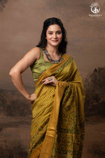 Ushraa - Ajrakh Hand Block Printed Yellow and Green Cotton Silk Saree with Gold Zari Border-RUTAMBHARA-RUTAMBHARA