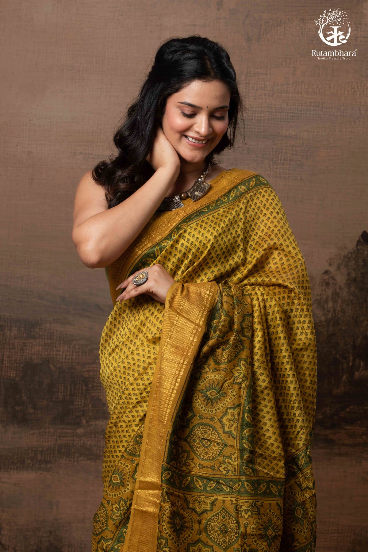 Ushraa - Ajrakh Hand Block Printed Yellow and Green Cotton Silk Saree with Gold Zari Border