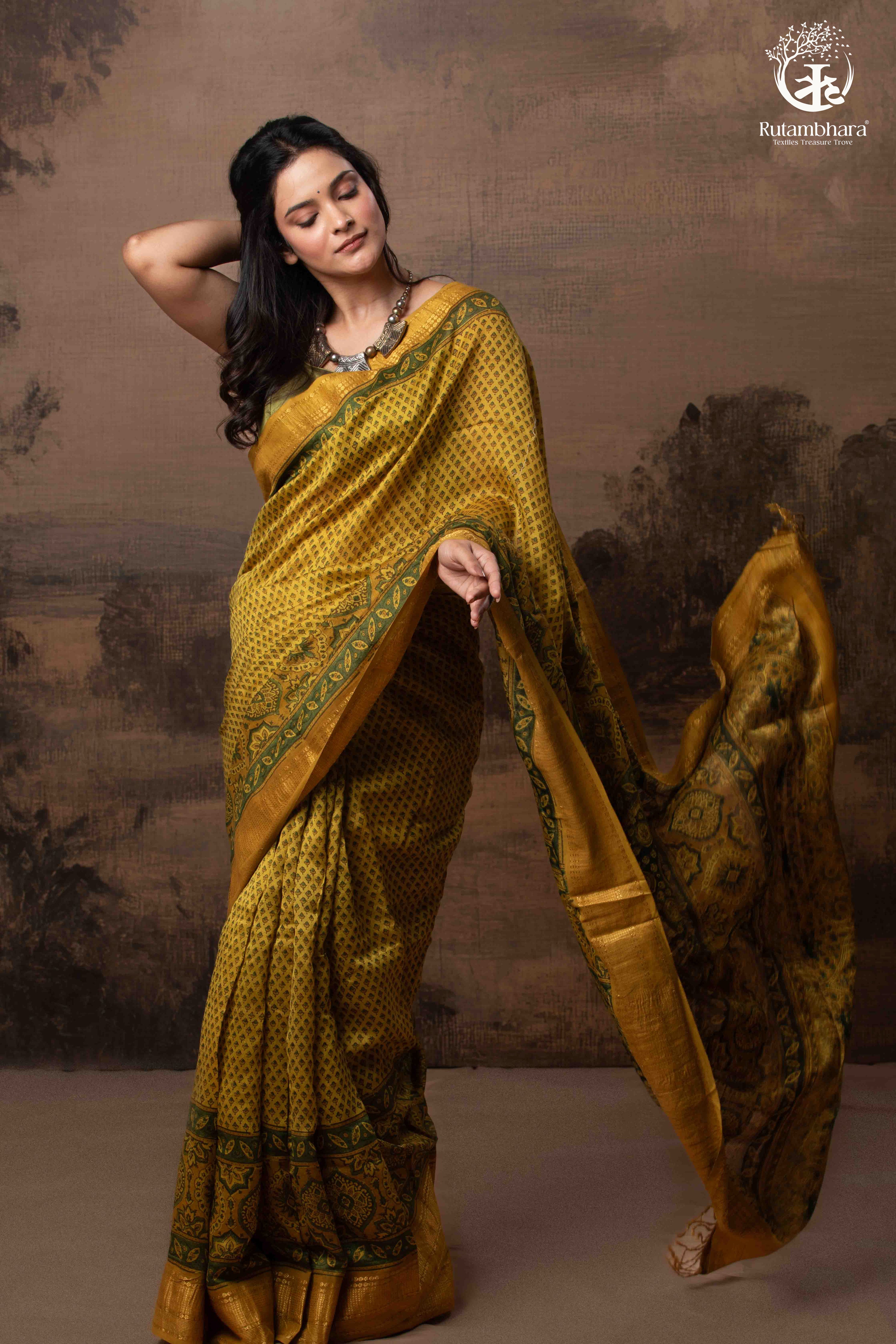 Ushraa - Ajrakh Hand Block Printed Yellow and Green Cotton Silk Saree with Gold Zari Border