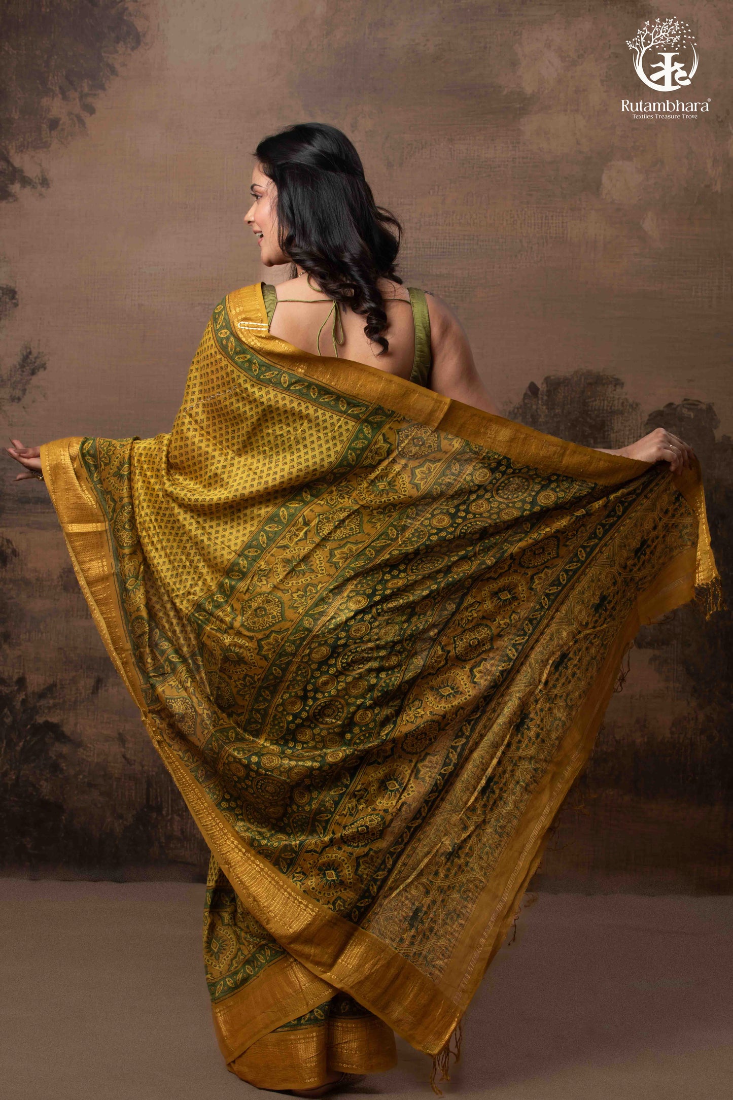 Ushraa - Ajrakh Hand Block Printed Yellow and Green Cotton Silk Saree with Gold Zari Border