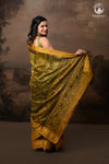 Ushraa - Ajrakh Hand Block Printed Yellow and Green Cotton Silk Saree with Gold Zari Border