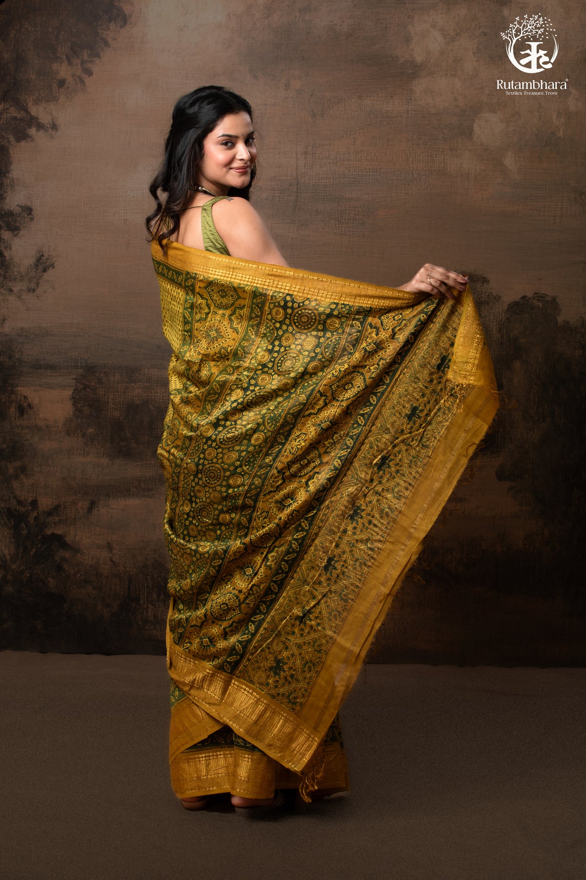 Ushraa - Ajrakh Hand Block Printed Yellow and Green Cotton Silk Saree with Gold Zari Border