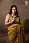 Ushraa - Ajrakh Hand Block Printed Yellow and Green Cotton Silk Saree with Gold Zari Border