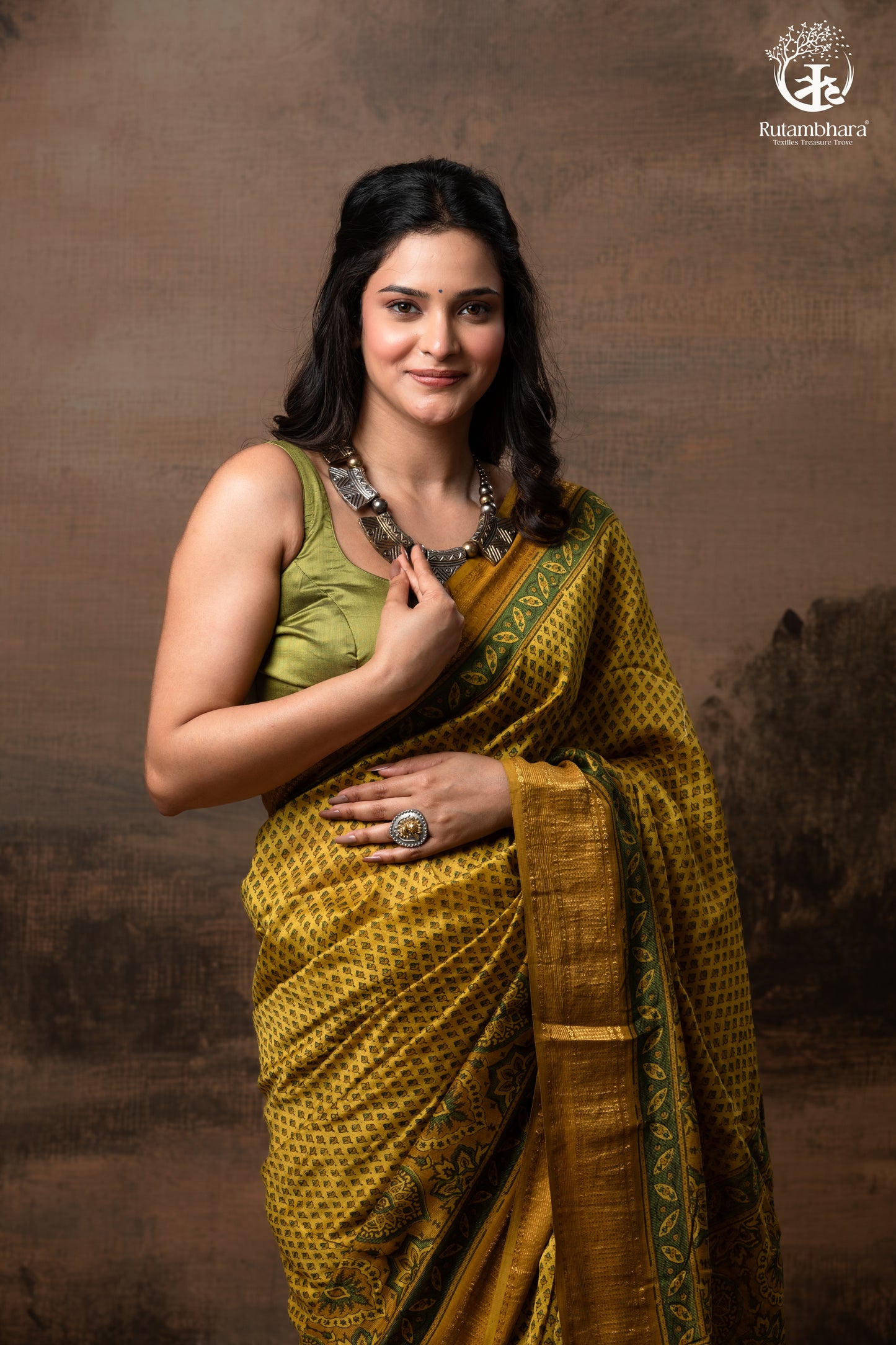 Ushraa - Ajrakh Hand Block Printed Yellow and Green Cotton Silk Saree with Gold Zari Border