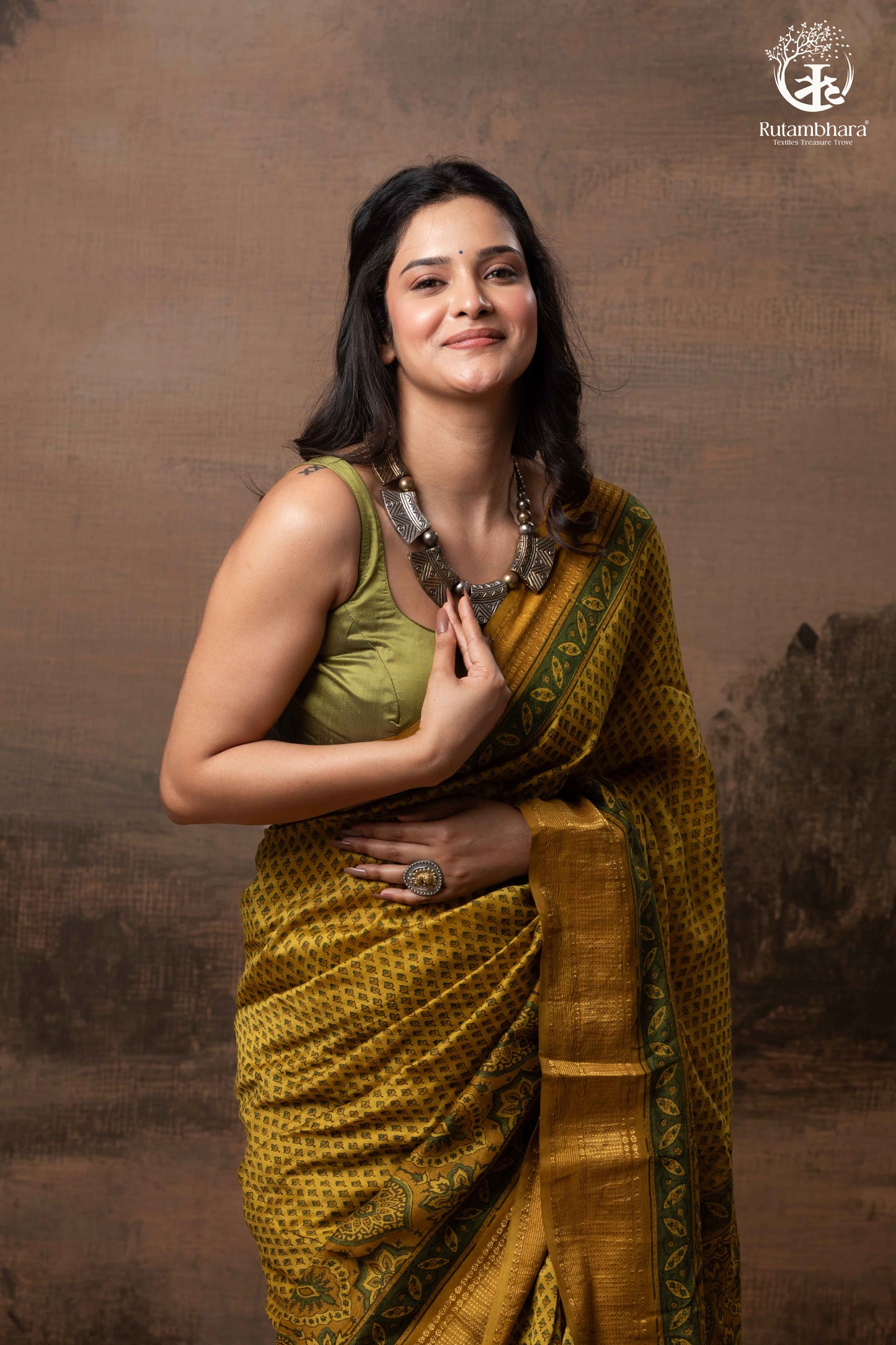 Ushraa - Ajrakh Hand Block Printed Yellow and Green Cotton Silk Saree with Gold Zari Border