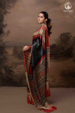 Ushraa - Radiant Red Indigo Ajrakh and Bandhej Modal Silk Saree-RUTAMBHARA-RUTAMBHARA