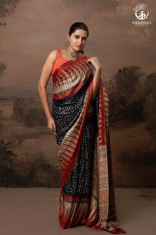 Ushraa - Radiant Red Indigo  Ajrakh and Bandhej Modal Silk Saree