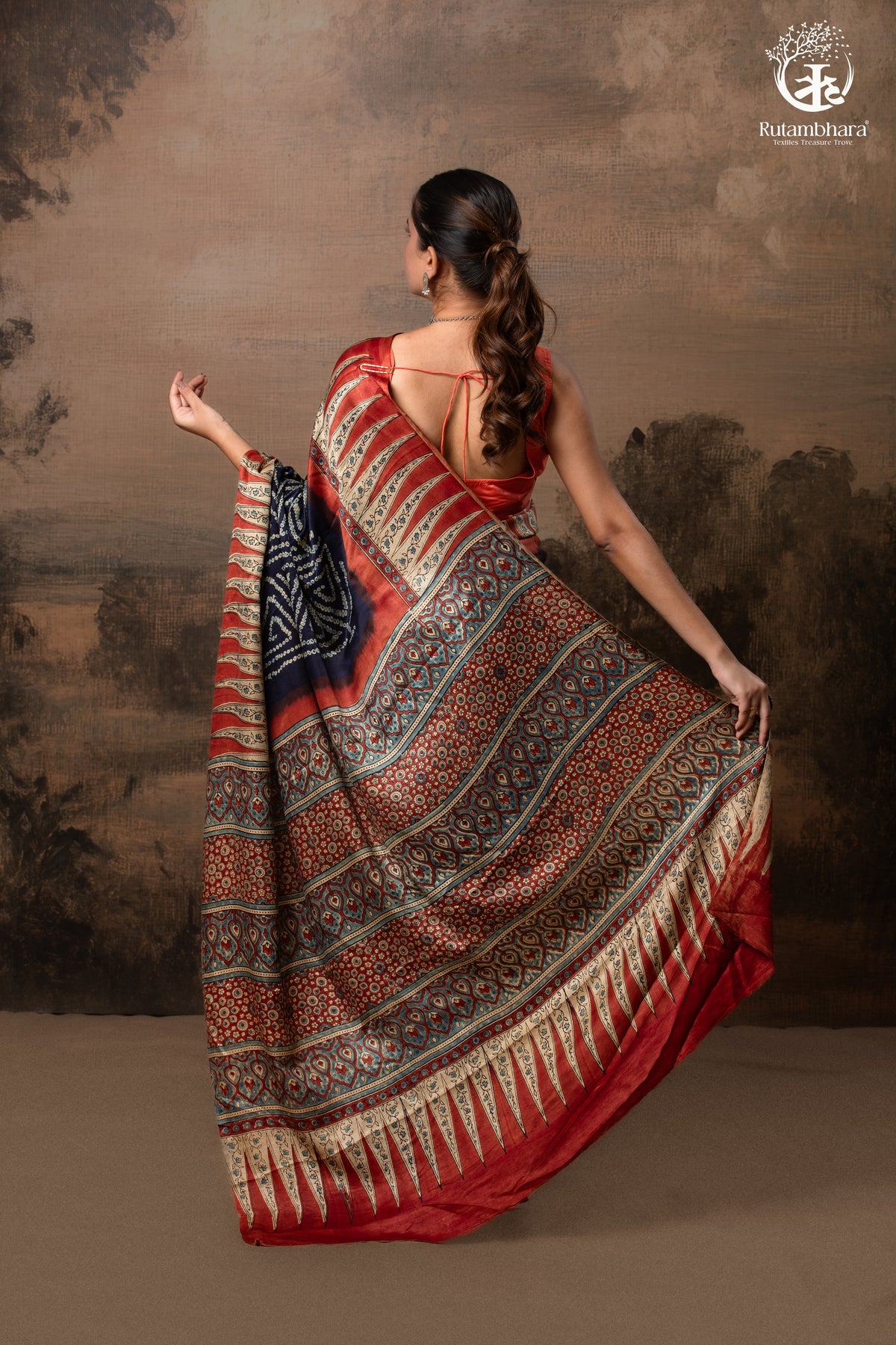 Ushraa - Radiant Red Indigo  Ajrakh and Bandhej Modal Silk Saree