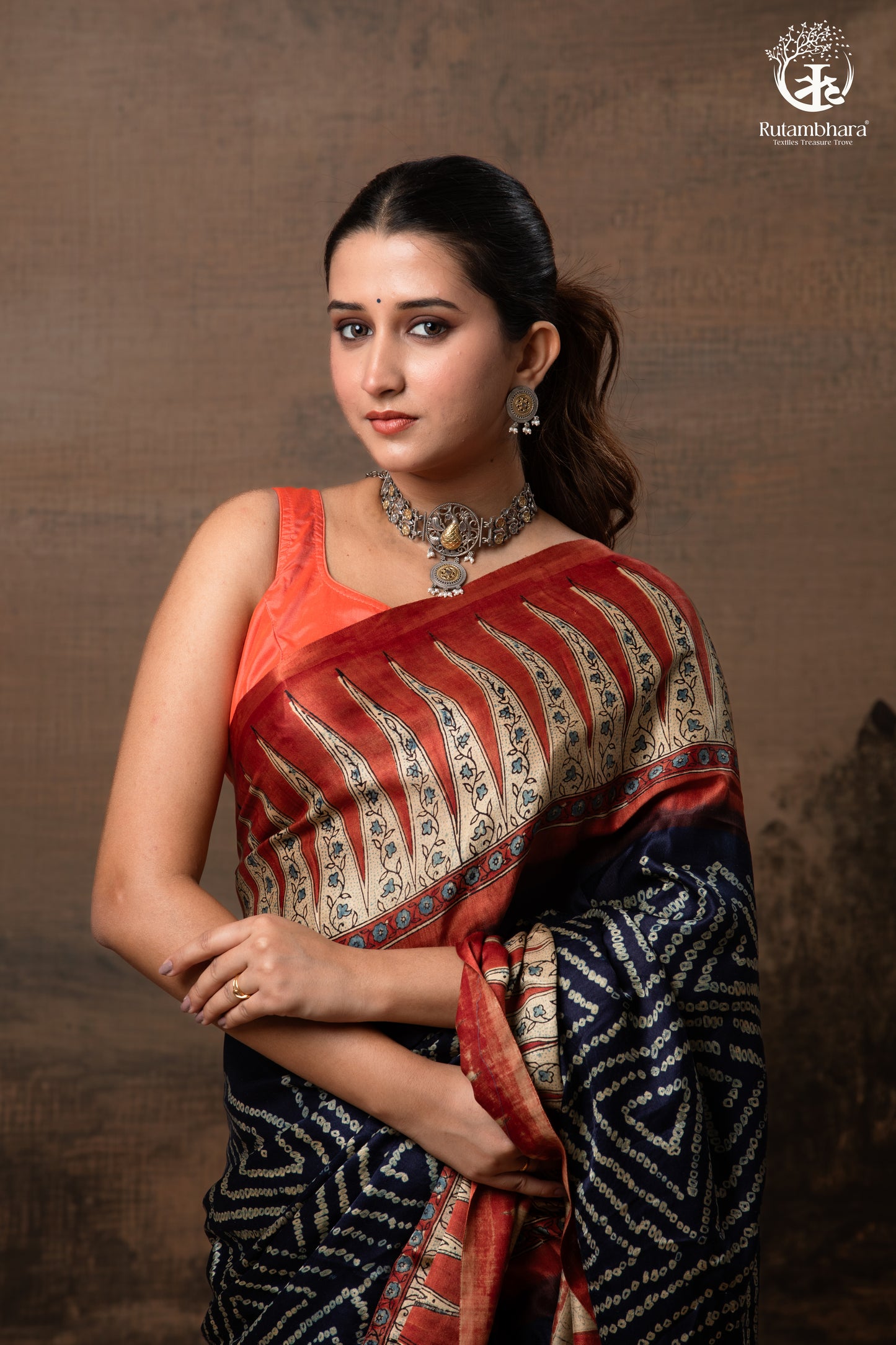 Ushraa - Radiant Red Indigo  Ajrakh and Bandhej Modal Silk Saree