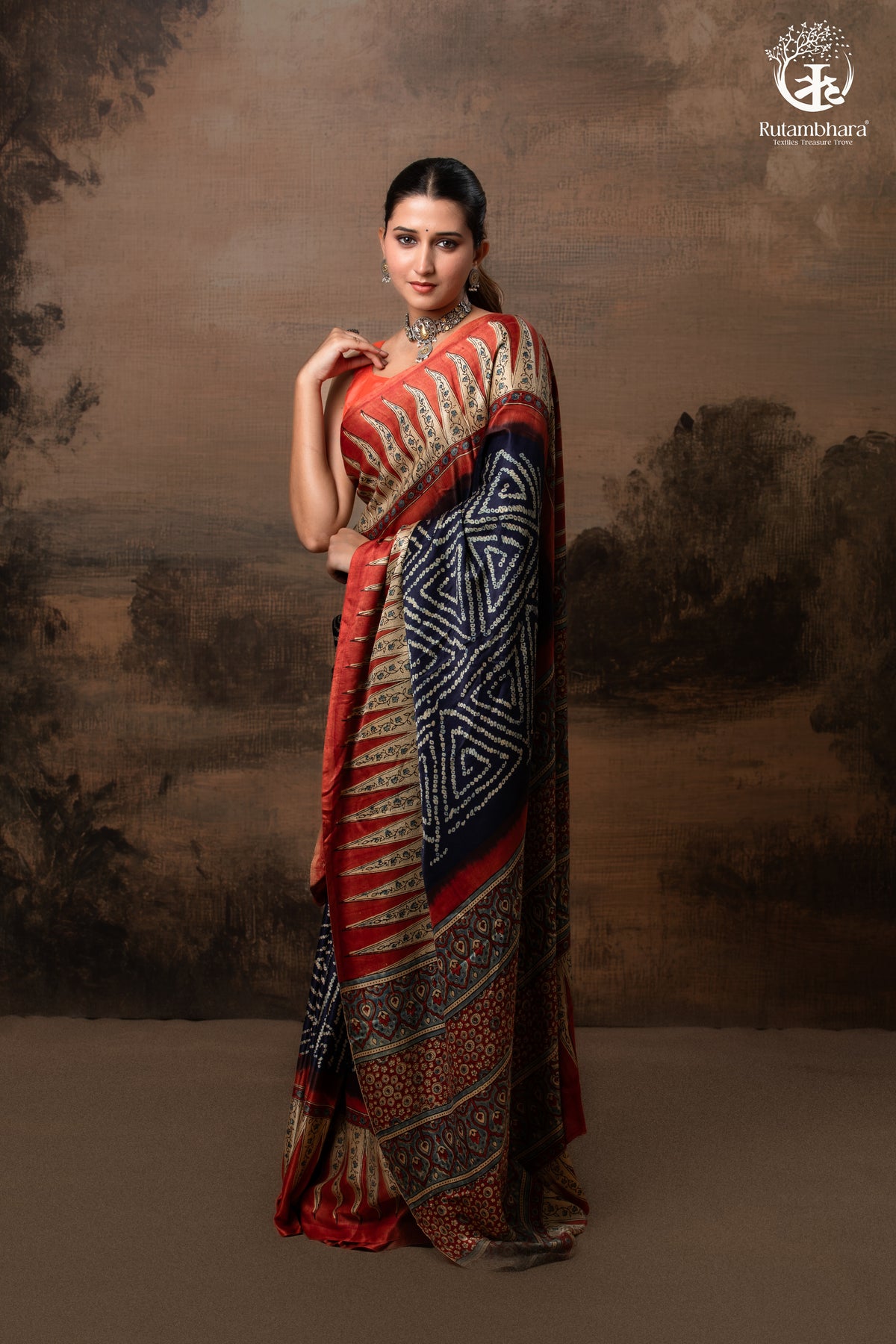 Ushraa - Radiant Red Indigo  Ajrakh and Bandhej Modal Silk Saree