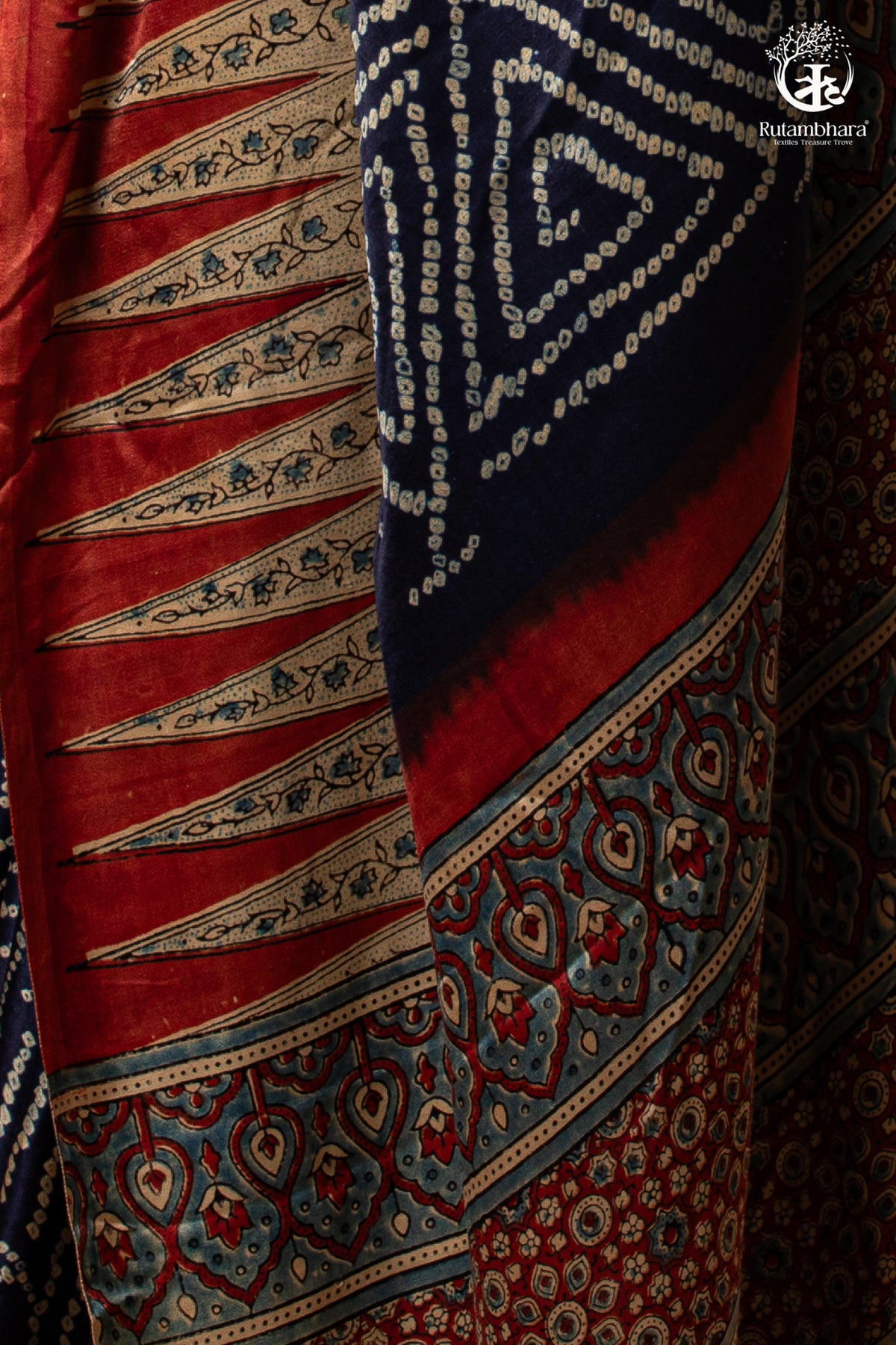Ushraa - Radiant Red Indigo  Ajrakh and Bandhej Modal Silk Saree
