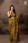 Ushraa - Mustard Green Ajrakh Hand Block Printed Cotton Silk Saree with Gold Zari Border