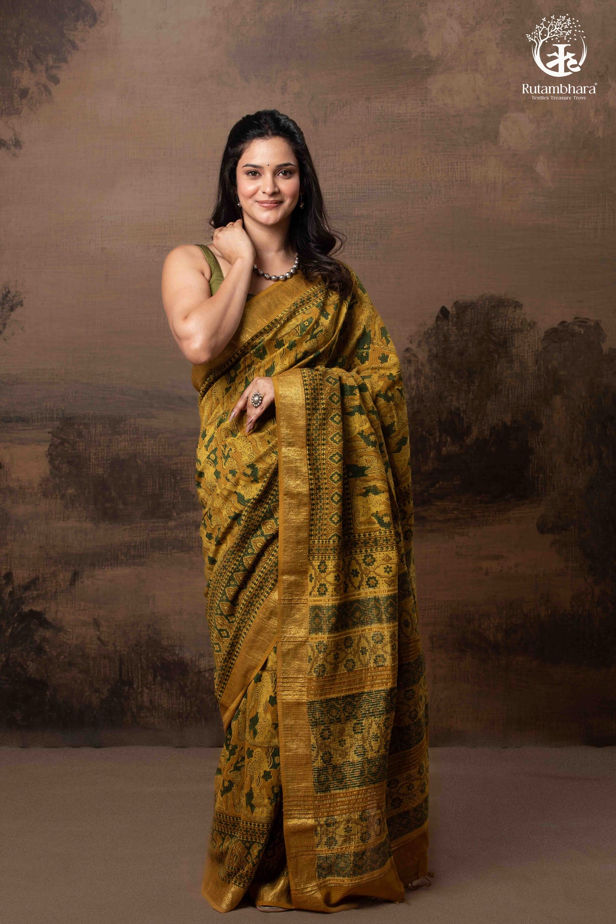 Ushraa - Mustard Green Ajrakh Hand Block Printed Cotton Silk Saree with Gold Zari Border