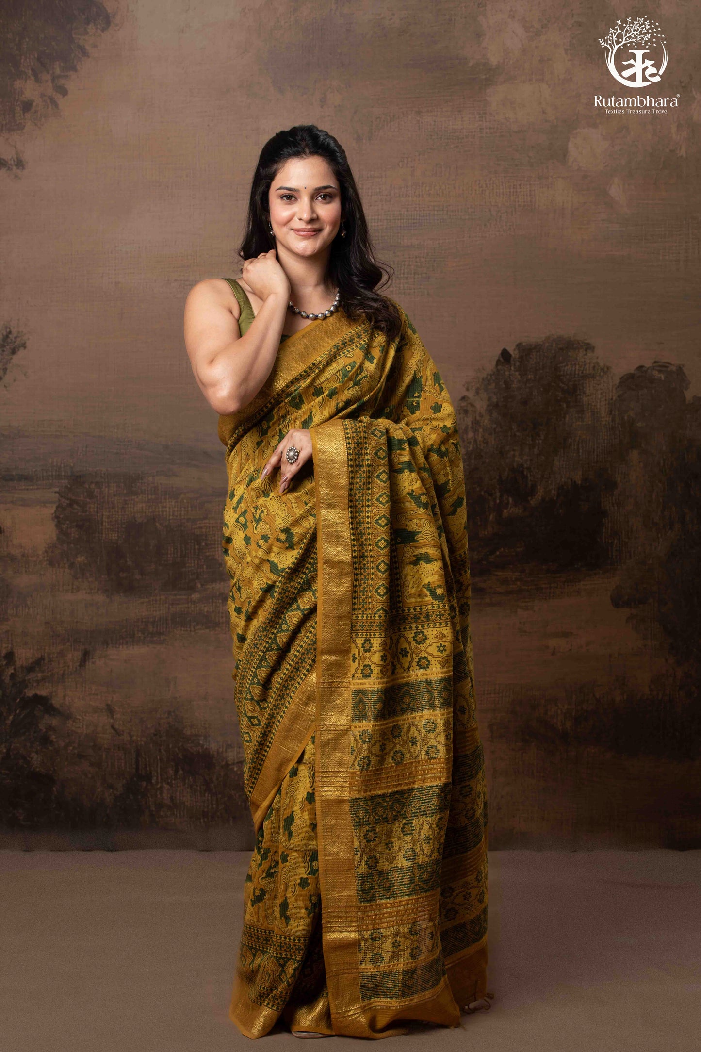Ushraa - Mustard Green Ajrakh Hand Block Printed Cotton Silk Saree with Gold Zari Border